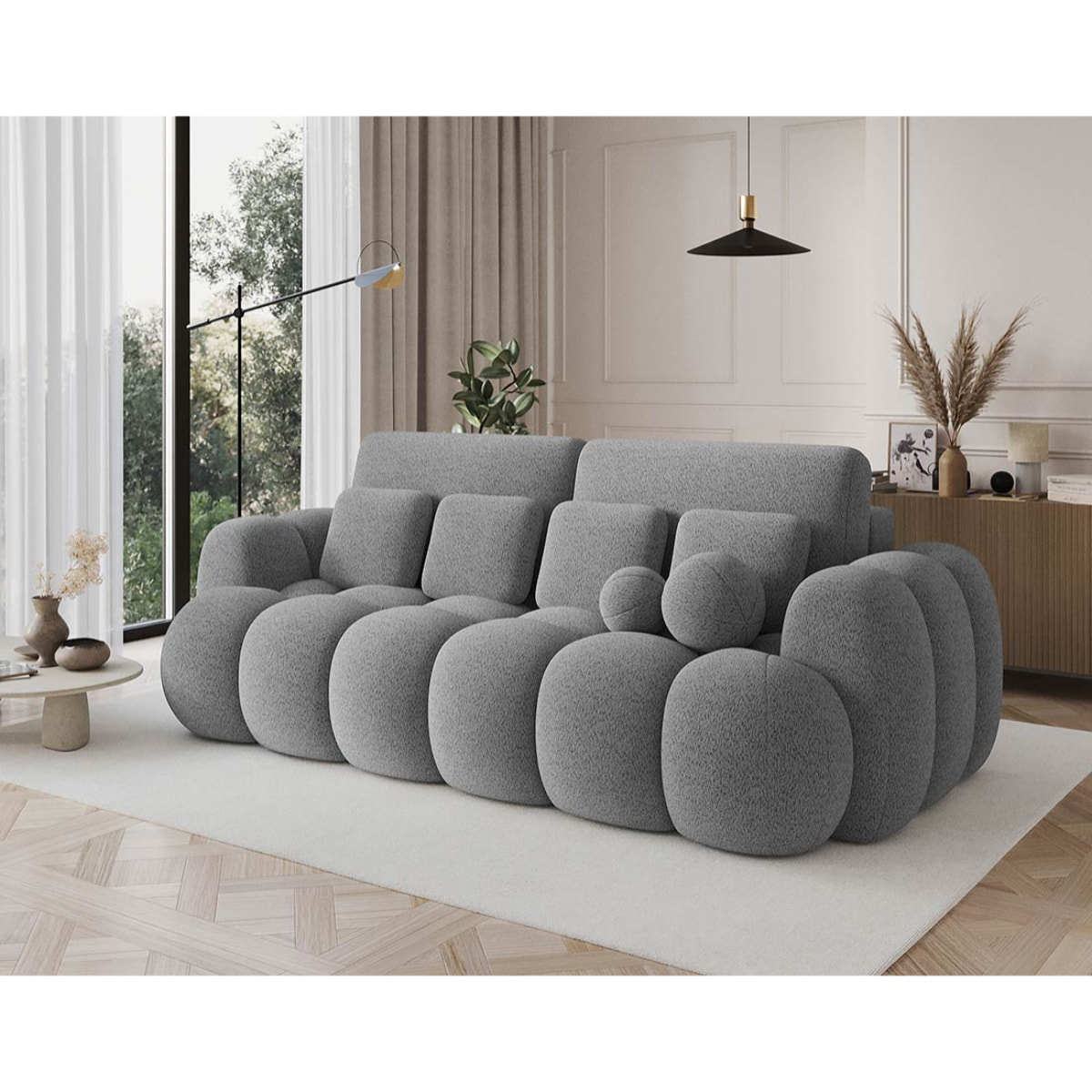 Dorian - Canapé droit 3 places convertible avec coffre en tissu bouclette - Gris clair