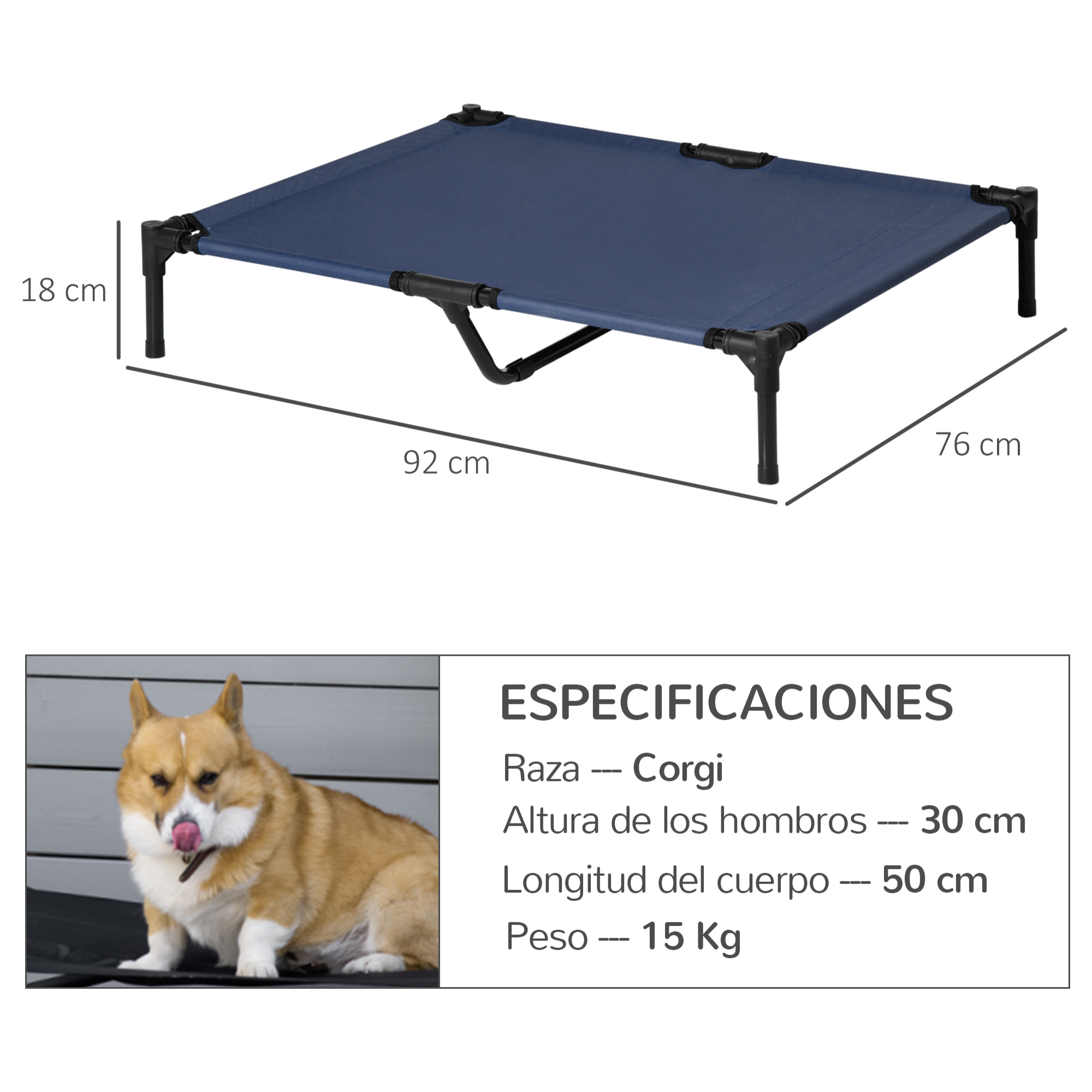 Cama Elevada para Perros, Refrescante y Transpirable, Cama para Perros Grandes, 92x76x18 cm, Tela Oxford, Marco de Metal, para Interior, Exterior, Azul