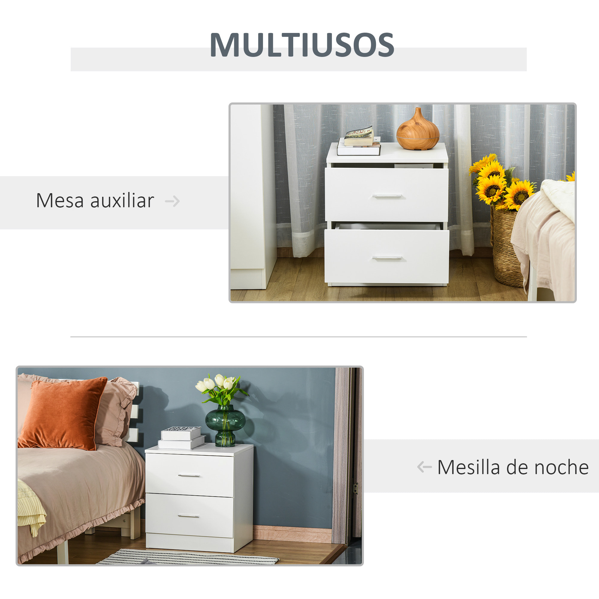 HOMCOM Mesita de Noche Moderna Mesilla de Noche con 2 Cajones Mesita Auxiliar para Salón Dormitorio Carga 30 kg 45x39,5x49 cm Blanco