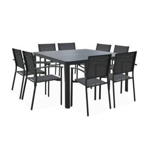 Table de jardin extensible aluminium + 8 fauteuils de jardin empilables. anthracite