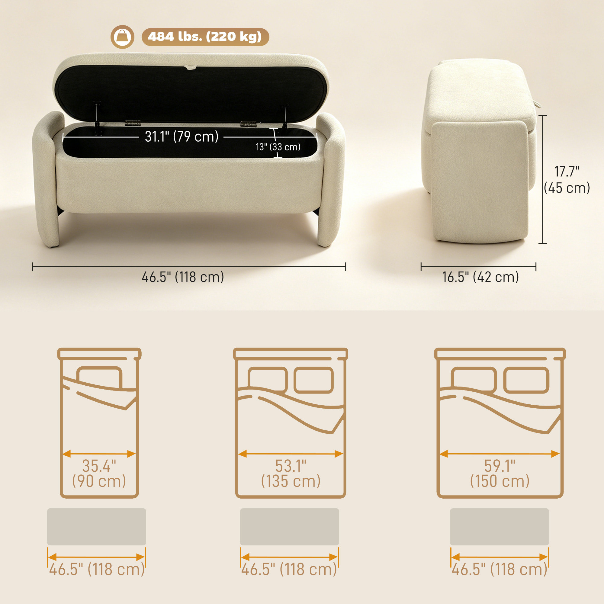 Banquette coffre de rangement design bouclette arrondi beige