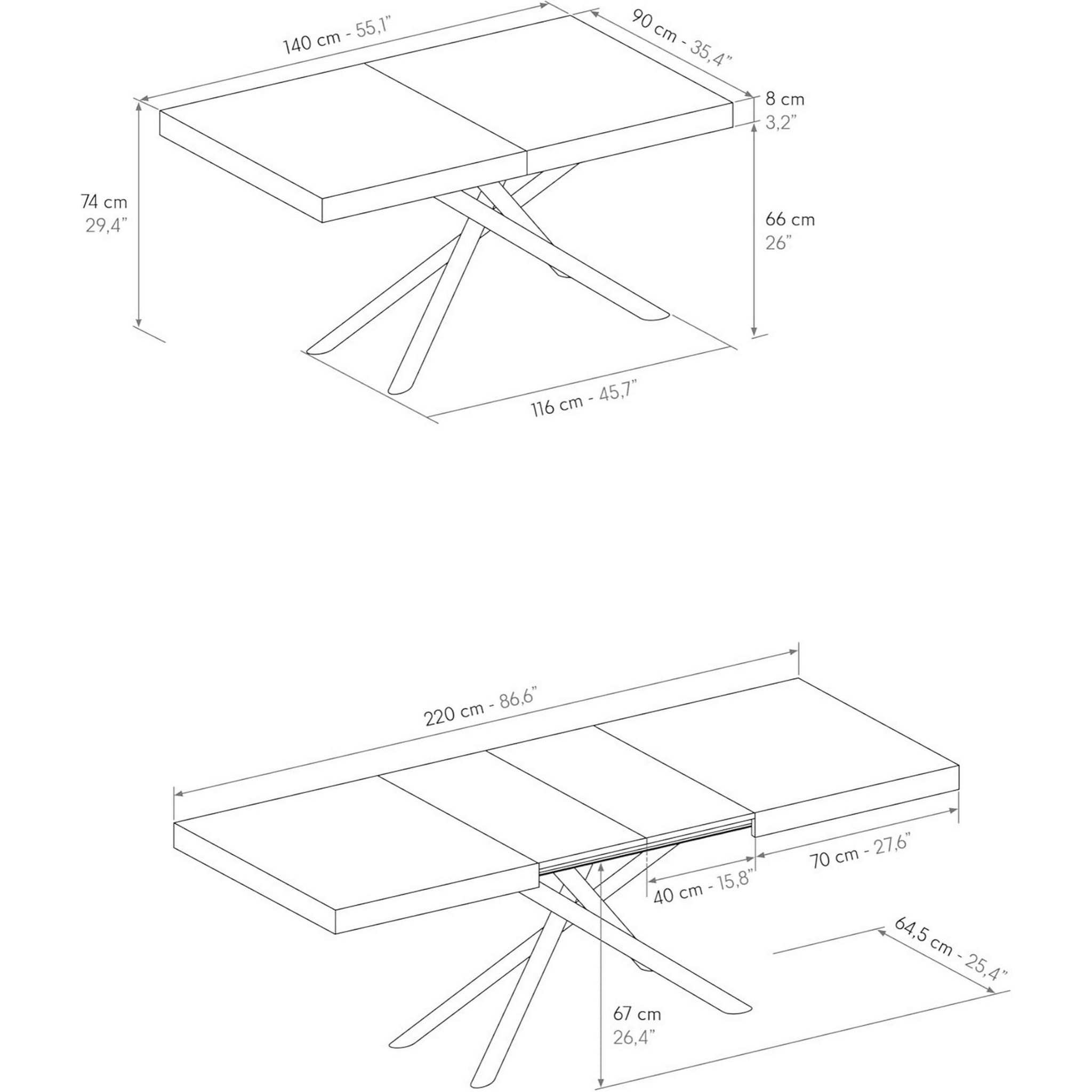 Tavolo CARRARA in legno, finitura bianco frassinato e base in metallo verniciato antracite, allungabile 140x90 cm - 220x90 cm