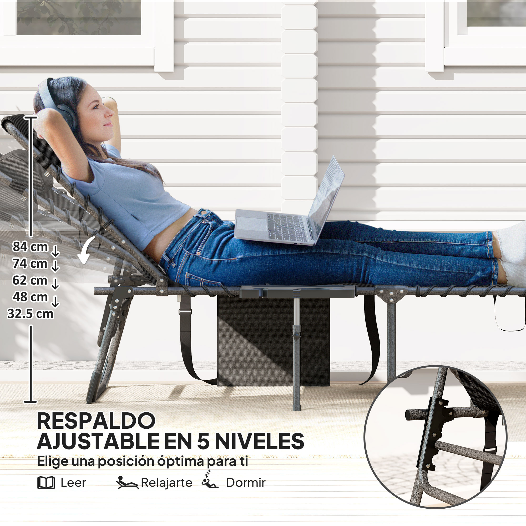 Tumbona Plegable, Tumbona Jardín Exterior con Respaldo Ajustable, Reposacabezas, Bolsillo Lateral, Bandeja y Estructura de Acero, Carga 120 kg para Terraza Piscina Playa, 190x60x31 cm, Negro