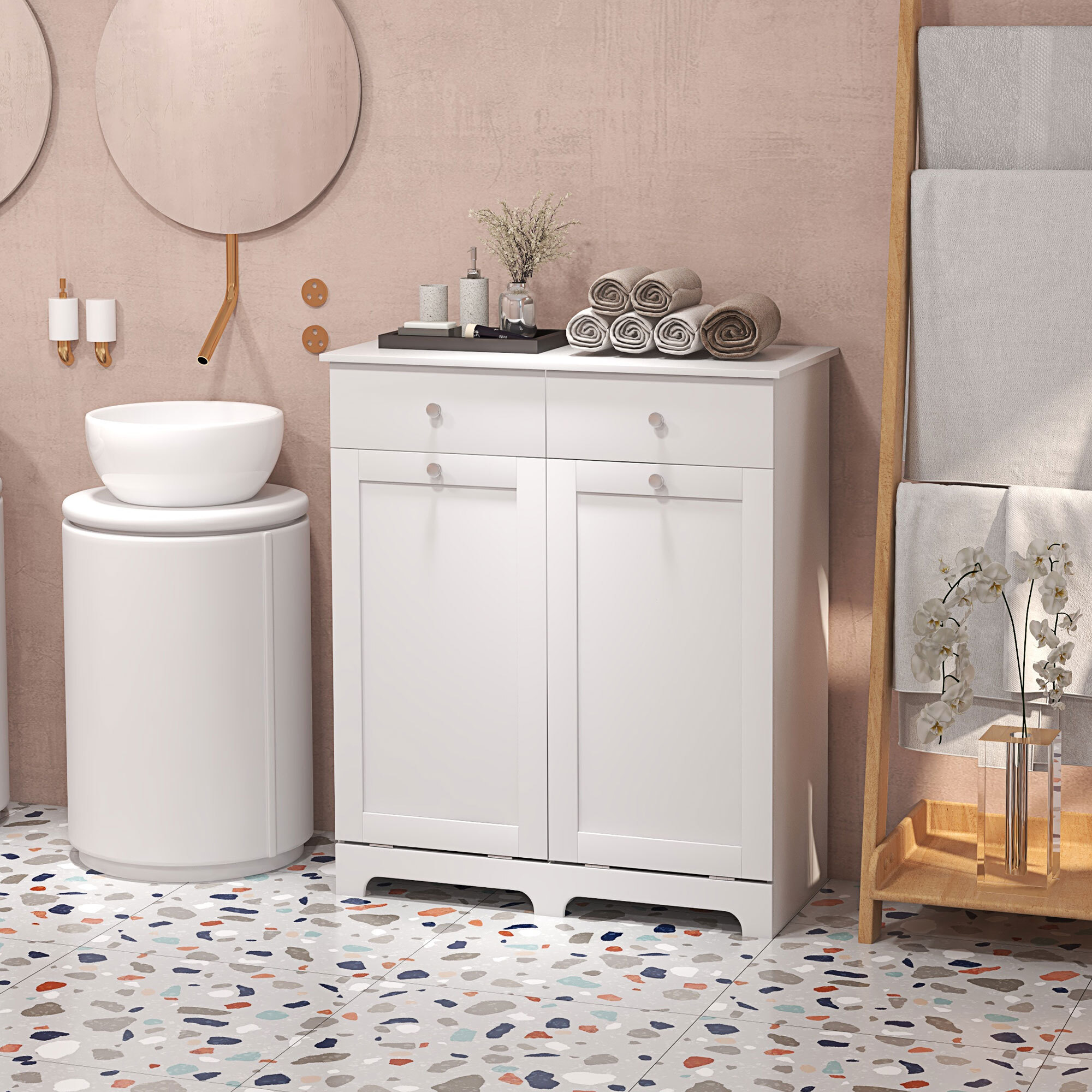 Armoire de salle de bain, meuble de rangement, avec paniers à linge pliables 2 tiroirs, en bois, 78L x 40l x 90,5H cm, blanc