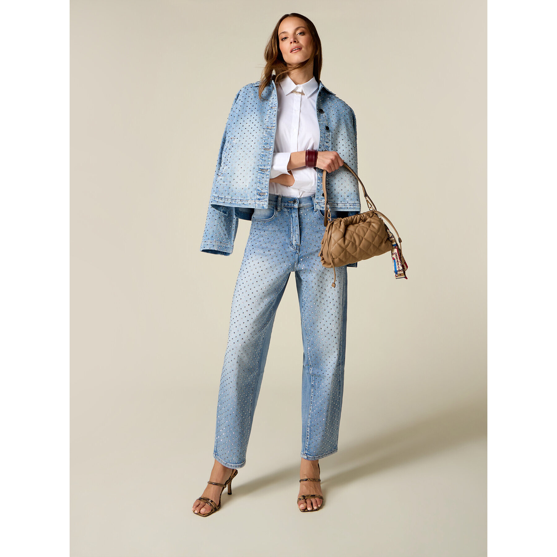 Oltre - Jeans barrel con cristalli davanti - Azzurro