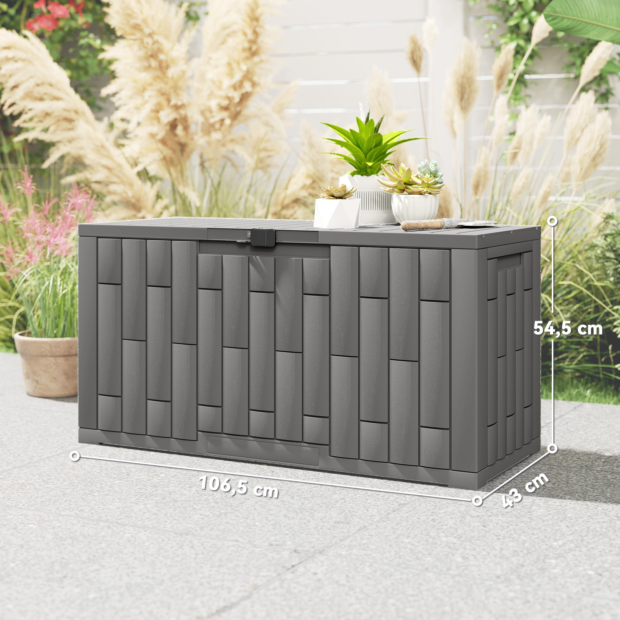 Coffre de jardin 227L verrouillable PP aspect bois gris