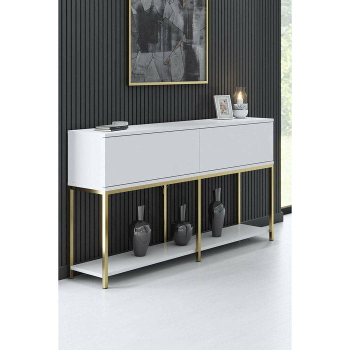 Credenza Djimsit, Buffet da soggiorno, Madia da salotto, Dispensa da cucina, 150x30h80 cm, Bianco e Oro