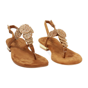 Sandalias planas mujer cognac de microfibra