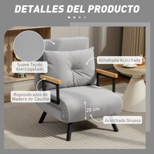 Sofá Cama de 1 Plaza 4 en 1, Sofá Cama Plegable Tapizado en Terciopelo con Respaldo Ajustable de 5 Niveles y Almohada Acolchada, para Oficina, Dormitorio, Salón, 63x73x81 cm, Gris Claro