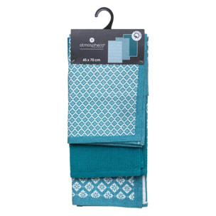 Lot de 3 torchons imprimés - coton - bleu canard - 45x70 cm