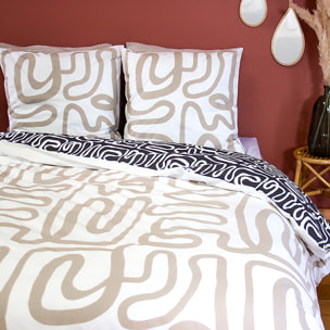 Parure housse de couette 100% courbe abstraite - blanc et beige
