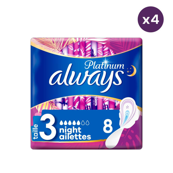 4x8 Serviettes Hygiéniques Always Platinum Nuit - Avec Ailettes