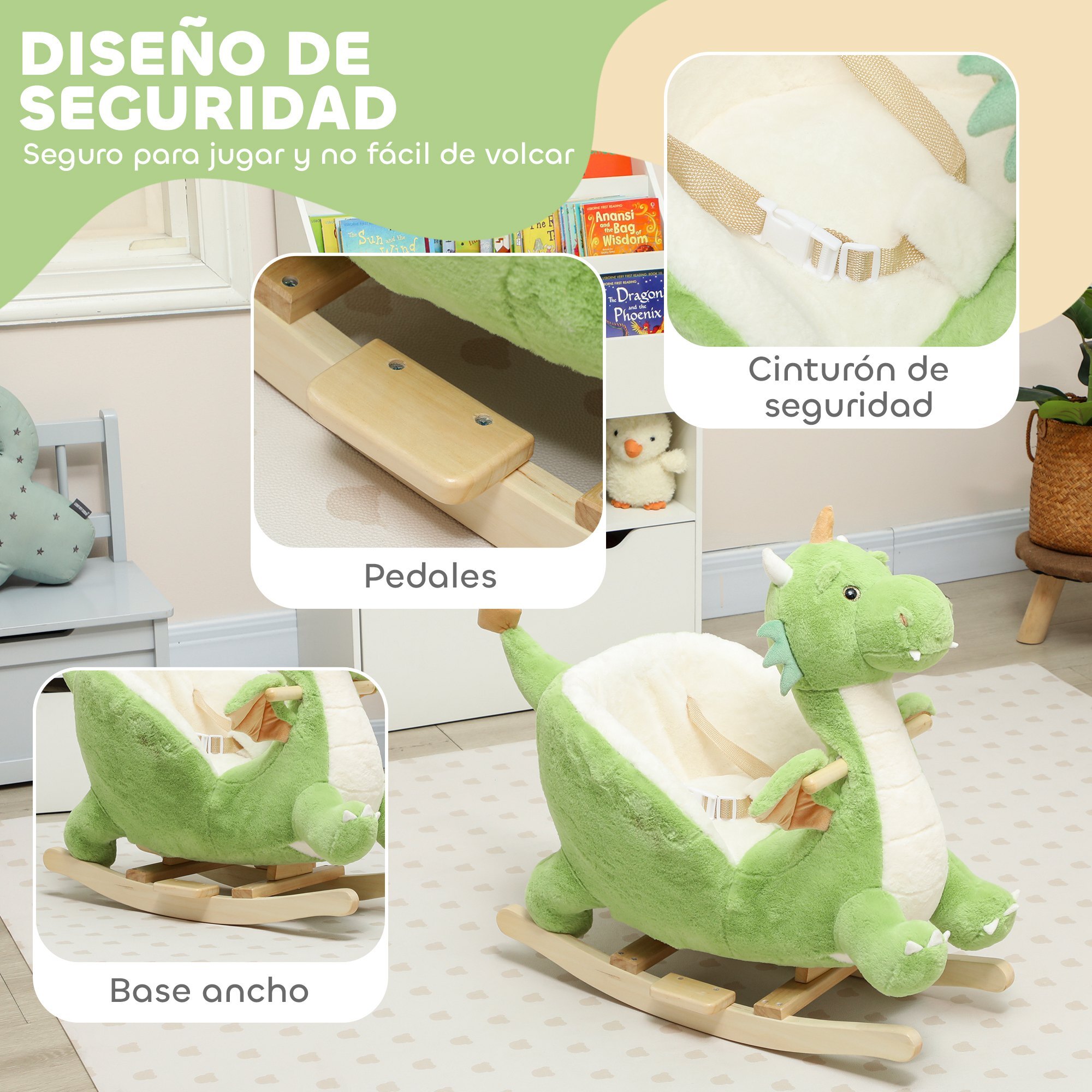 Caballito Balancín para Bebés con Sonido de Dragón, Caballo Balancín de Peluche con Base de Madera, Cinturón de Seguridad, para Niños de 18-36 Meses, Verde