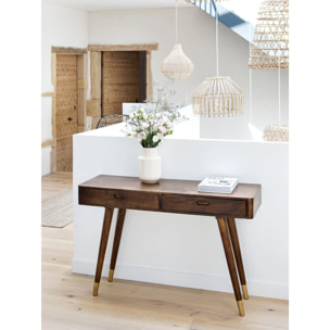 Console en bois massif 2 tiroirs et détails dorés - Colombo