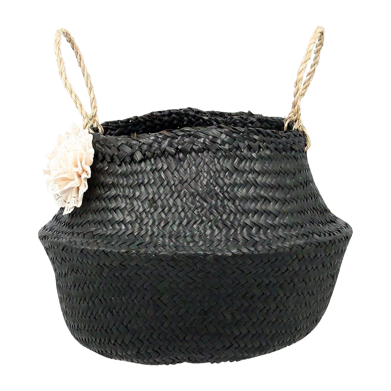 PANIER CACHE POT EN JONC DE MER NOIR AVEC 3 FLEURS D35XH40CM HANOI