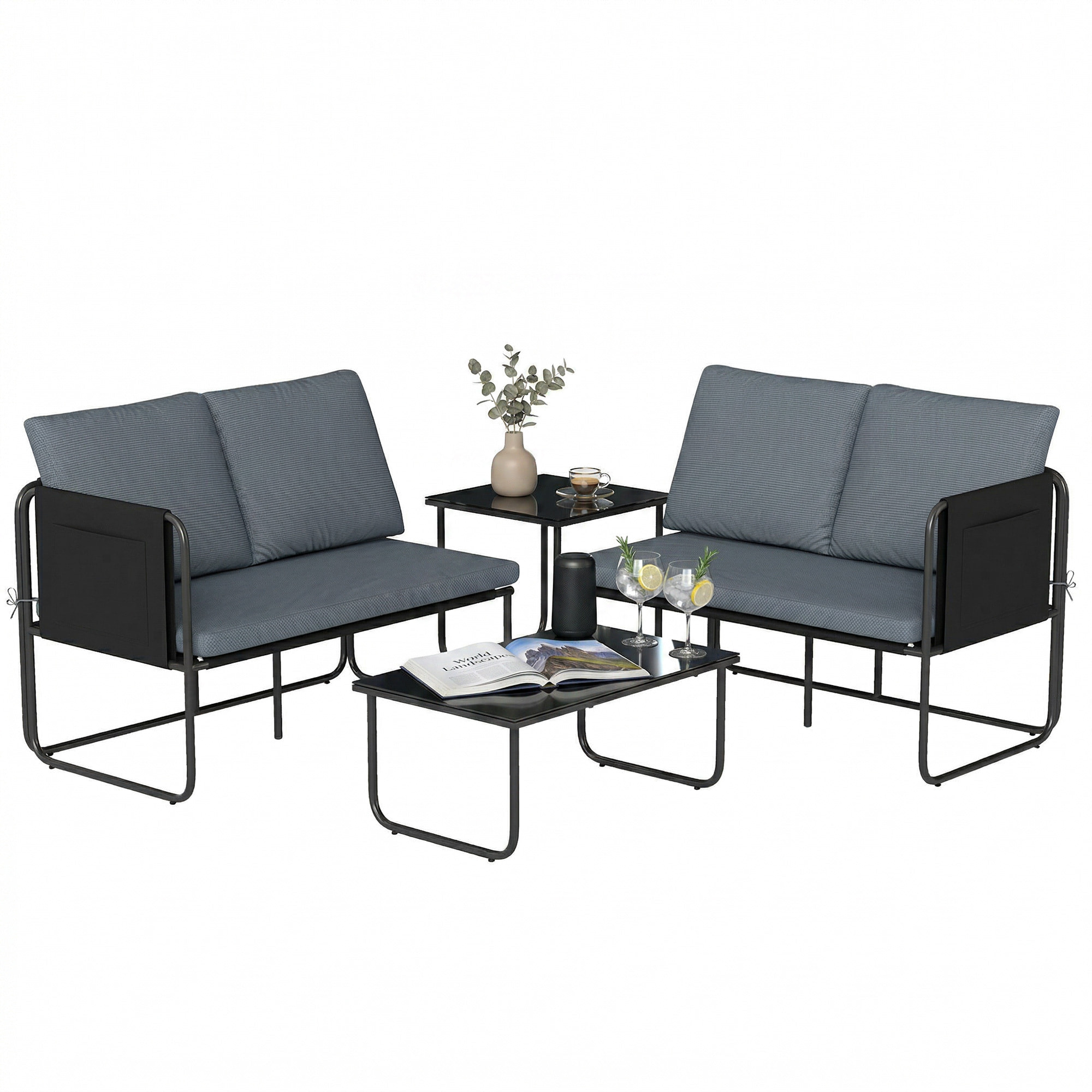 Conjunto Jardín Exterior de 4 Piezas, Muebles Jardín Exterior con 2 Sofás 2 Plazas, 2 Mesas de Vidrio, Cojines, Fundas Extraíbles, Bolsillos, Tela Textilene Transpirable, Marco Acero, Gris