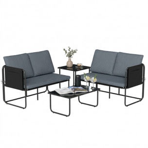 Conjunto Jardín Exterior de 4 Piezas, Muebles Jardín Exterior con 2 Sofás 2 Plazas, 2 Mesas de Vidrio, Cojines, Fundas Extraíbles, Bolsillos, Tela Textilene Transpirable, Marco Acero, Gris
