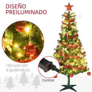 Árbol de Navidad Artificial 180 cm con 150 Luces LED con 8 Modos de Iluminación Árbol de Navideño de 480 Ramas con 100 Decoraciones Soporte de Acero Ø86x180 cm Verde