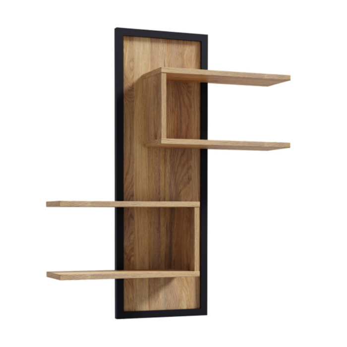 Etagère murale 4 plateaux 2 niches décor bois chêne et noir - BOSTON
