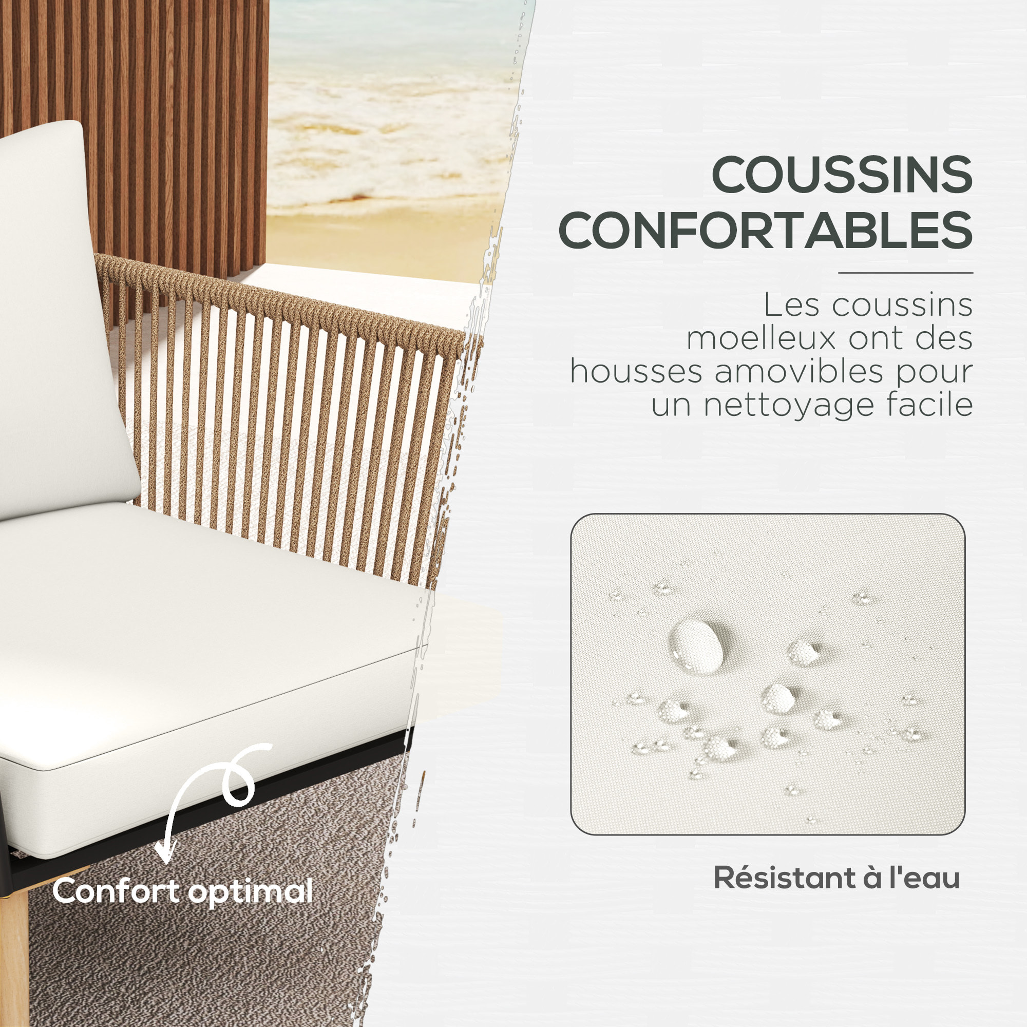Salon de jardin 4 places 4 pièces design scandinave acier époxy résine filaire PE coussins inclus crème