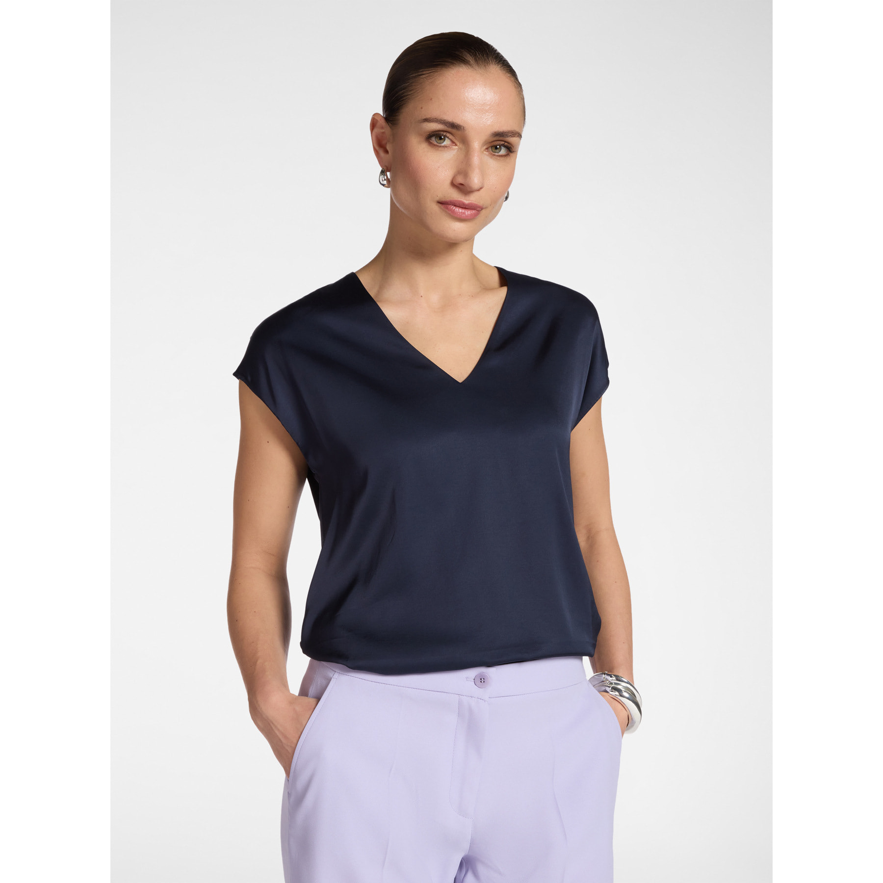 Elena Mirò - Blusa de satén con escote en V - Azul