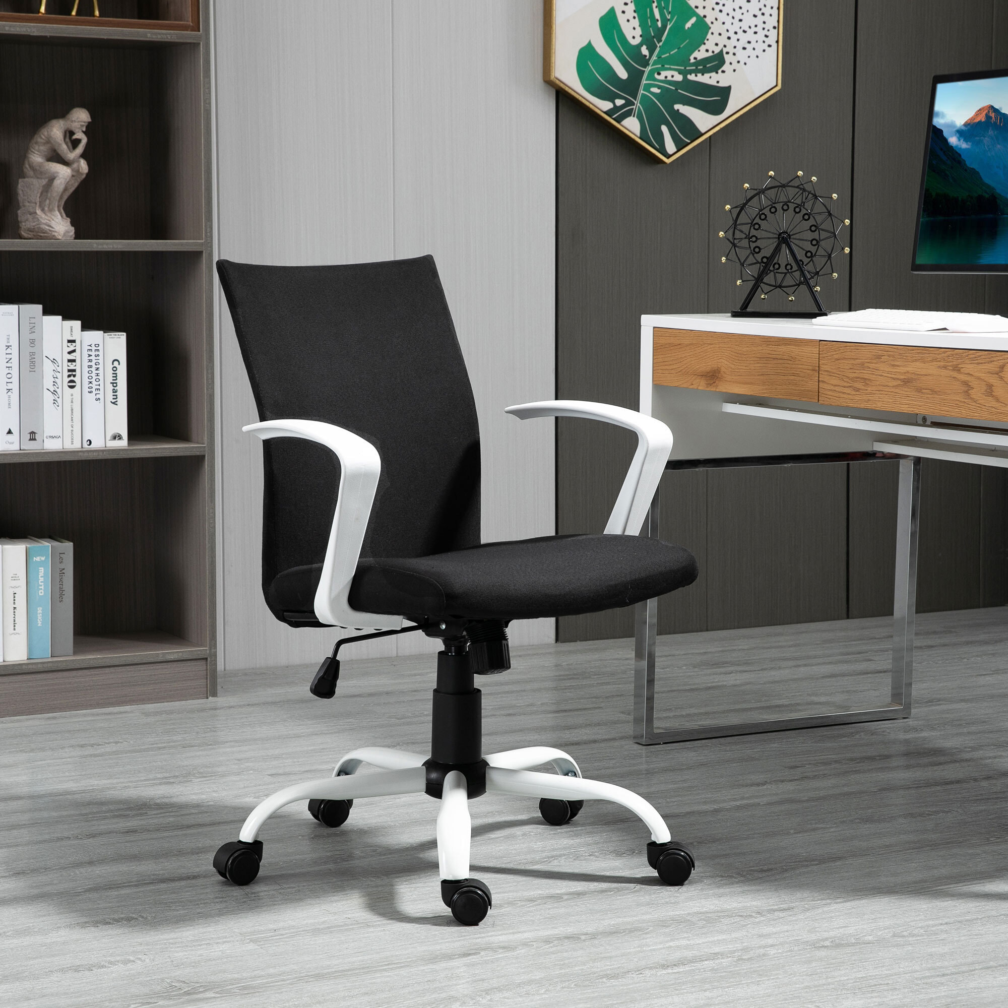 Chaise de bureau ergonomique hauteur réglable pivotante 360° piètement acier blanc lin noir