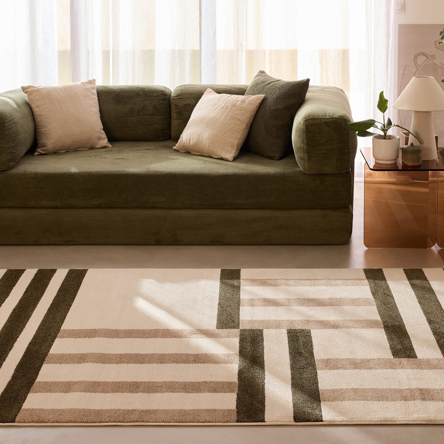 SANTAL - Tapis de salon vert à motif géométrique