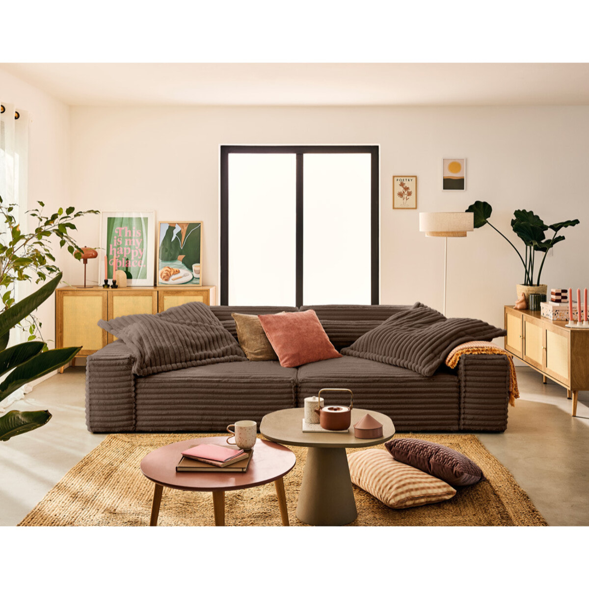 Richie - canapé droit 3 places avec double méridienne - assise profonde - en fausse fourrure côtelée - Marron