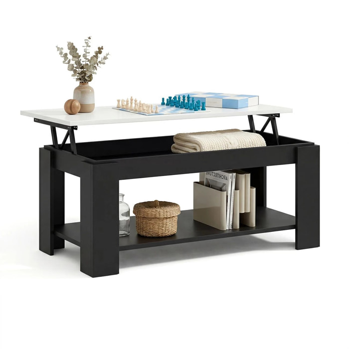 Mesa de centro elevable con almacenaje en negro mate y blanco artik 102x43-54 cm Lya Negro Mate - Blanco Artik