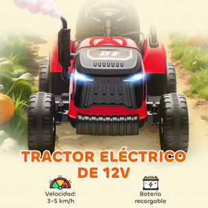 Tractor Eléctrico para Niños con Remolque Desmontable, Tractor de Juguete de Batería 12V, Velocidad 3-5 km/h, Control Remoto 2,4G, Música, Bocina, para Niños de 3-8 Años, Rojo