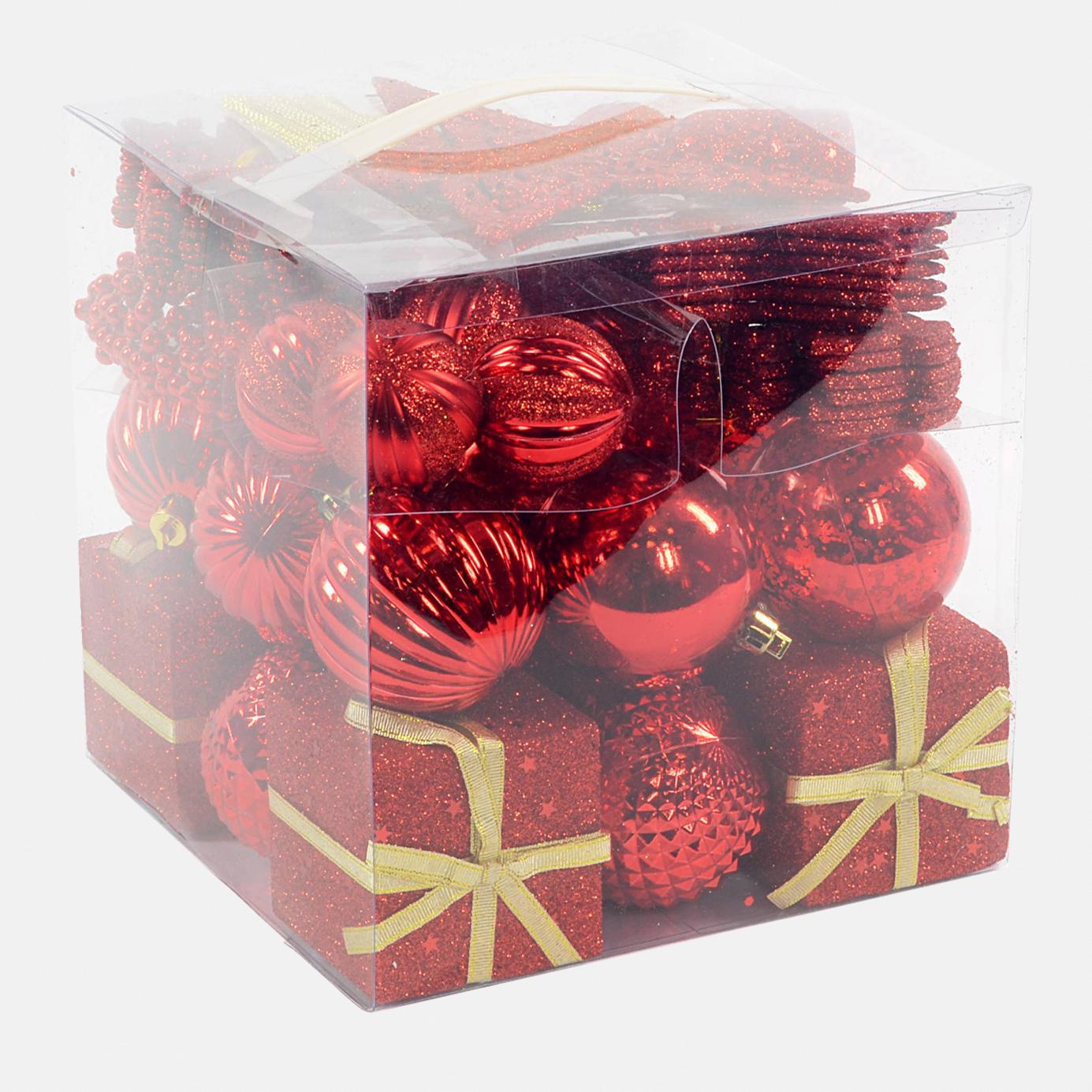 Box 50 pezzi decorazioni natalizie multi-forma, Ornamenti e Puntale, Set assortimento palline di Natale, Scatola set albero di Natale, Da 4 a 7 cm, colore Rosso