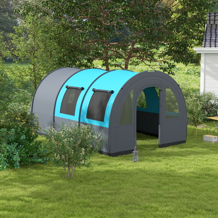 Tente de camping familiale 5-6 pers. étanchéité 3000 mm - 2 portes, sac - bleu gris