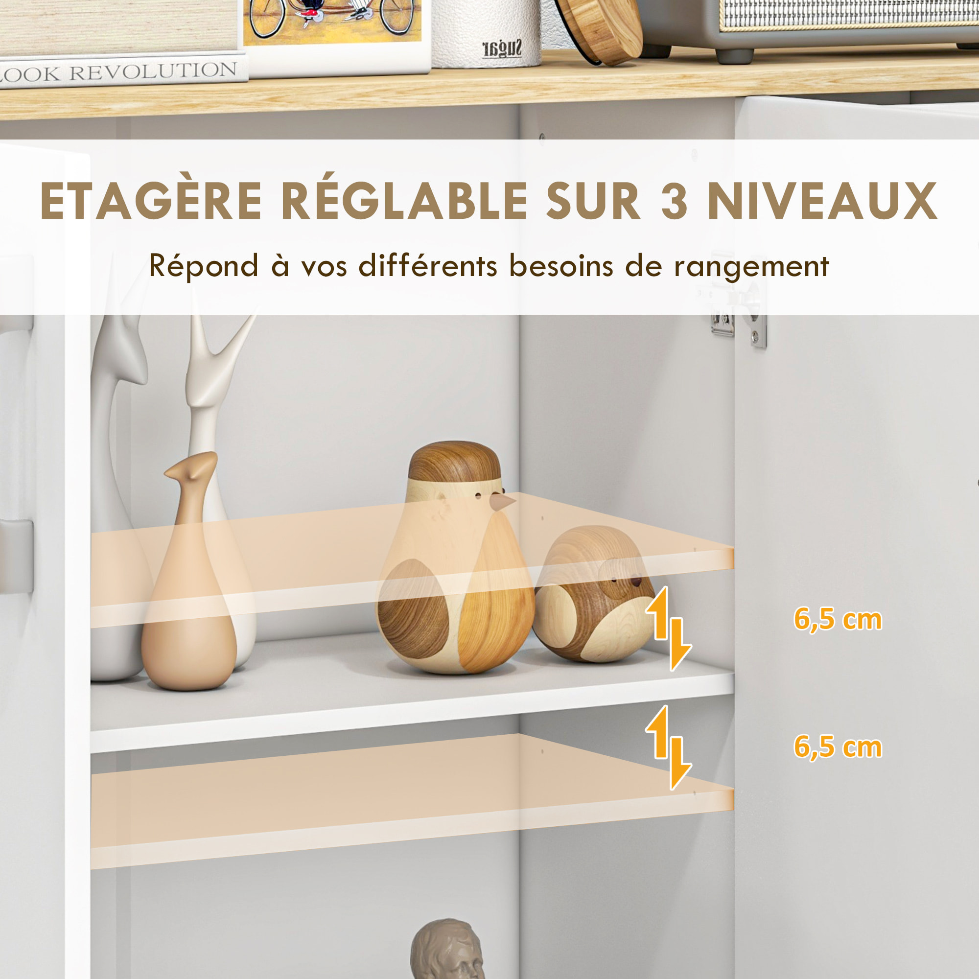 Buffet rangement 3 portes étagère 2 tiroirs coulissants panneaux aspect bois clair blanc