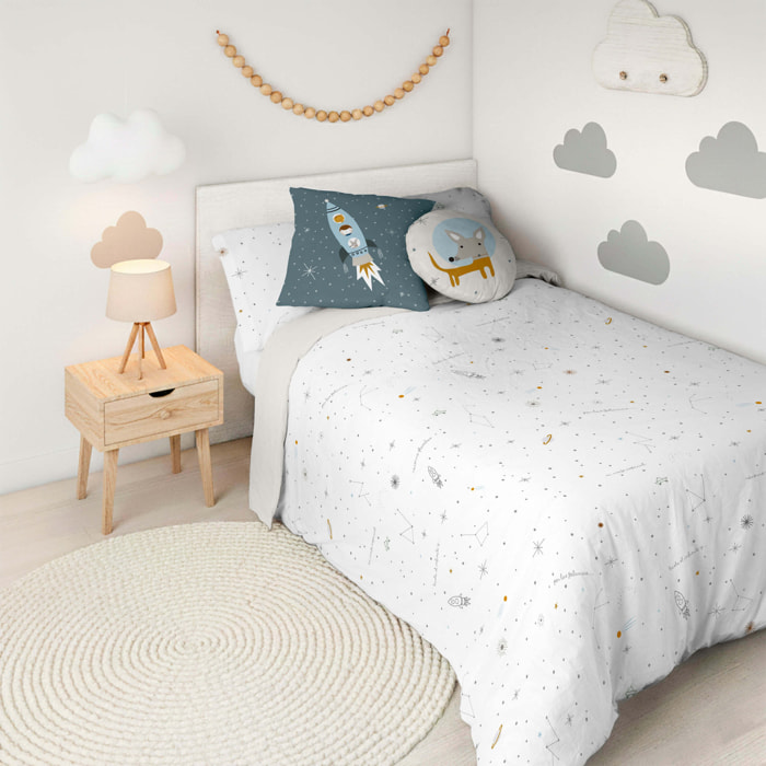 Funda Nórdica Estampada - Reversible - Infantil - Cierre Solapa - 100% Algodón - Incluye 1 Funda de Almohada - Viaje Espacial