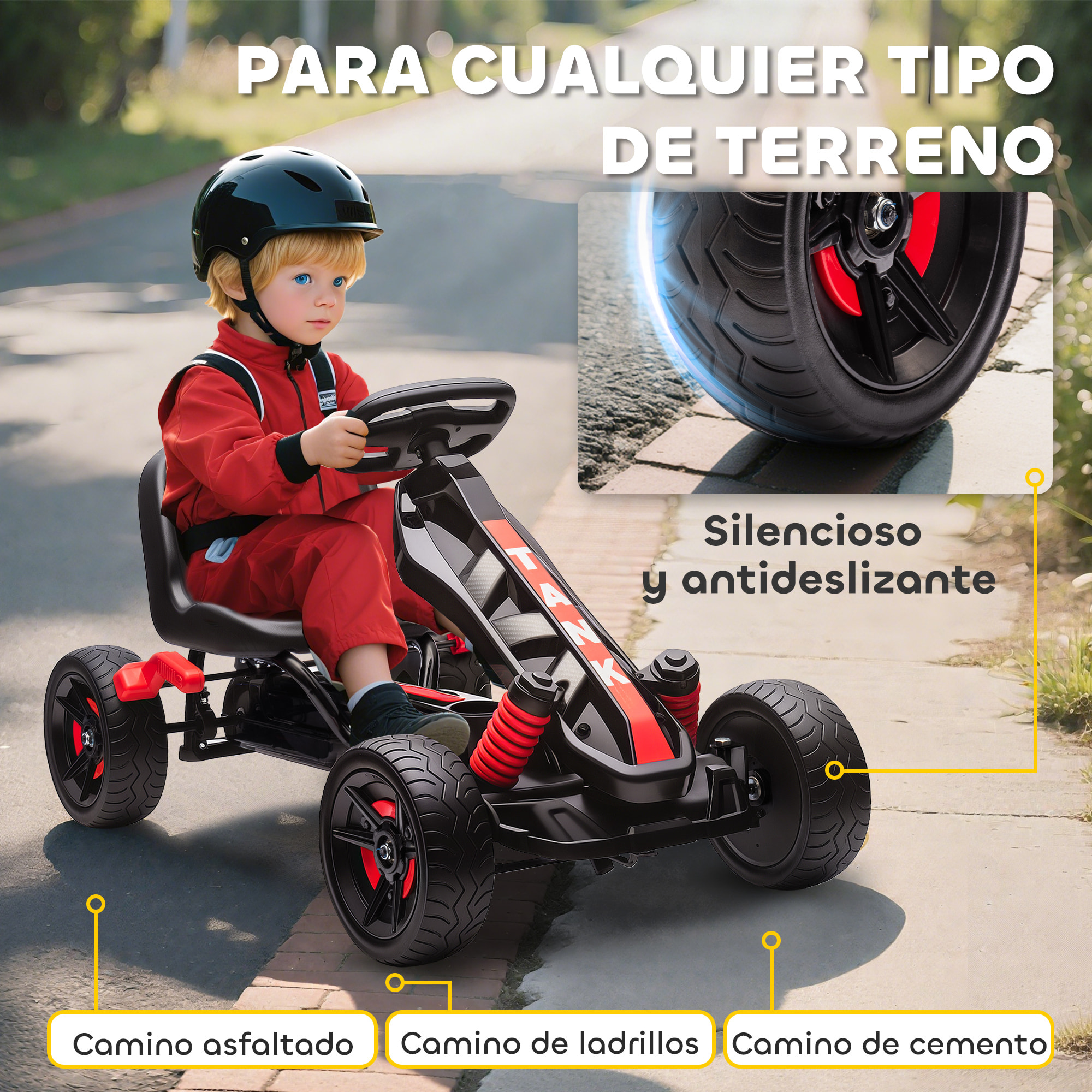Kart Pedales para Niños de +3 Años Go Kart con Embrague Automático Freno Ruedas Antideslizantes de EVA y Marco Metálico Carga 50 kg Rojo