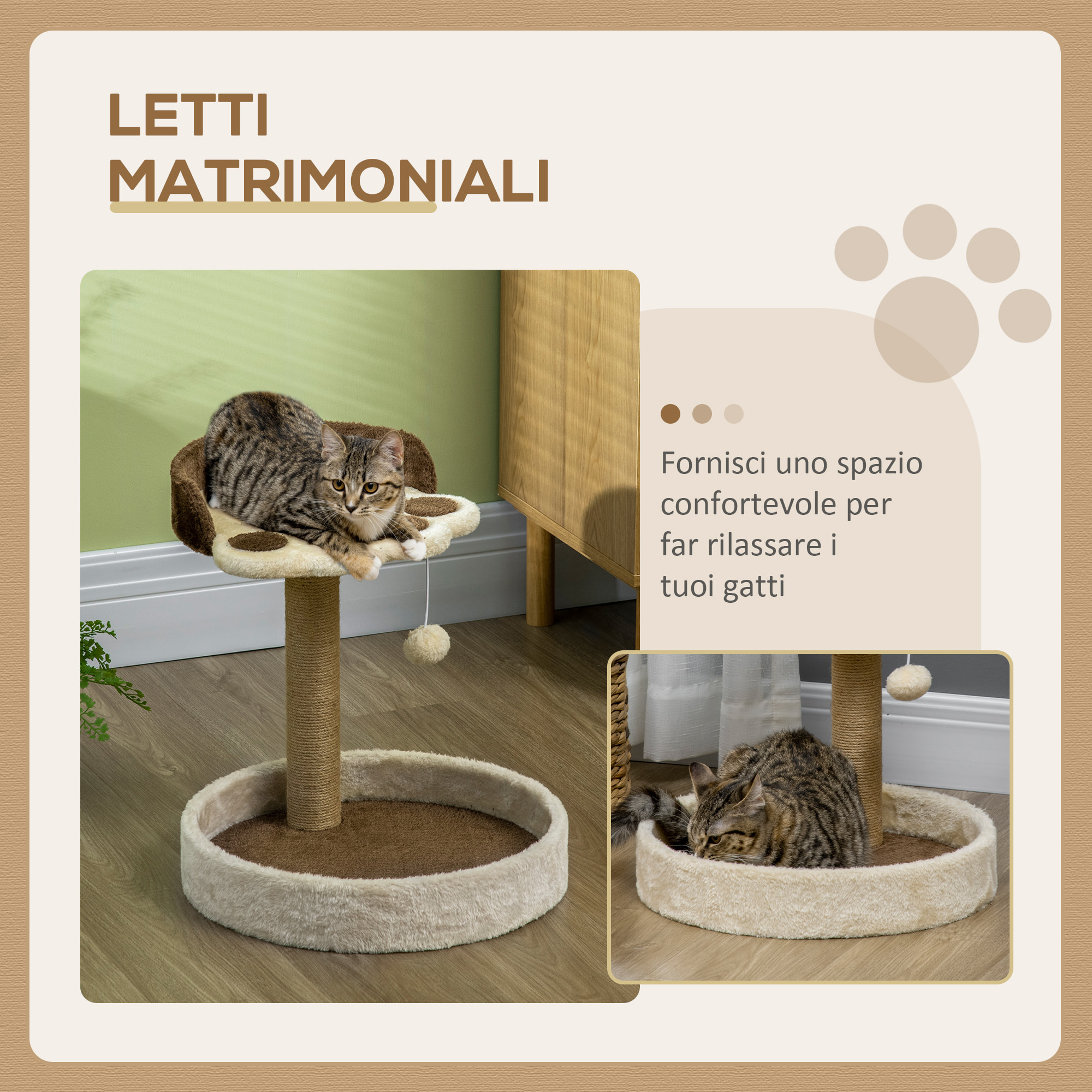 PawHut Tiragraffi per Gatti da 5kg max con Lettino e Pallina da Gioco, in Truciolato, Peluche e Corda di Juta, 41x41x44 cm
