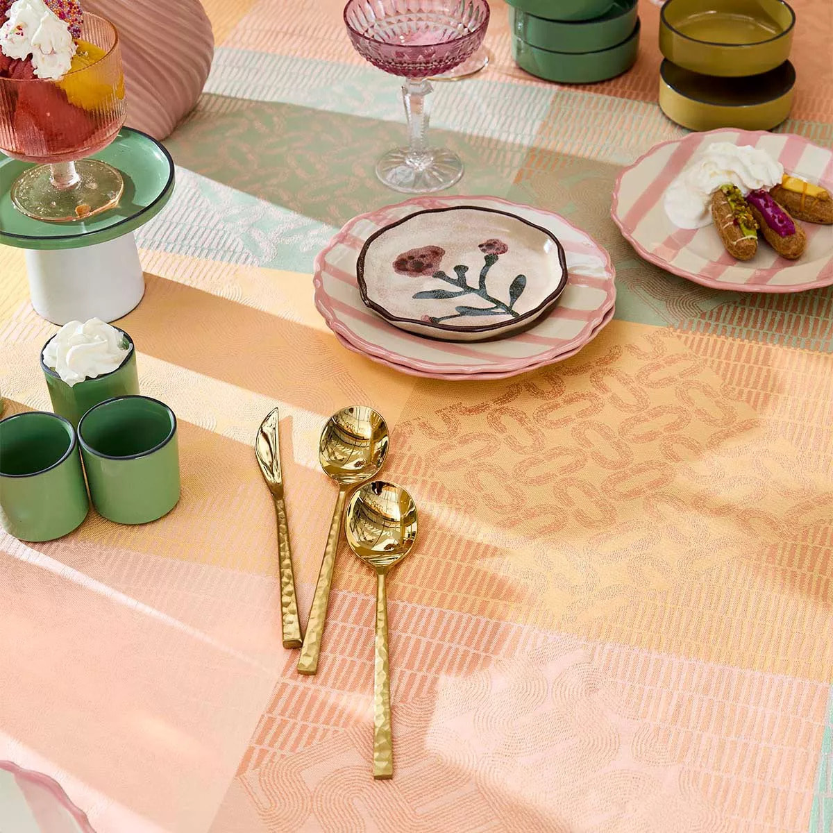 Set pur coton 205 g/m² motif jacquard rose jaune Mille empreintes pastel