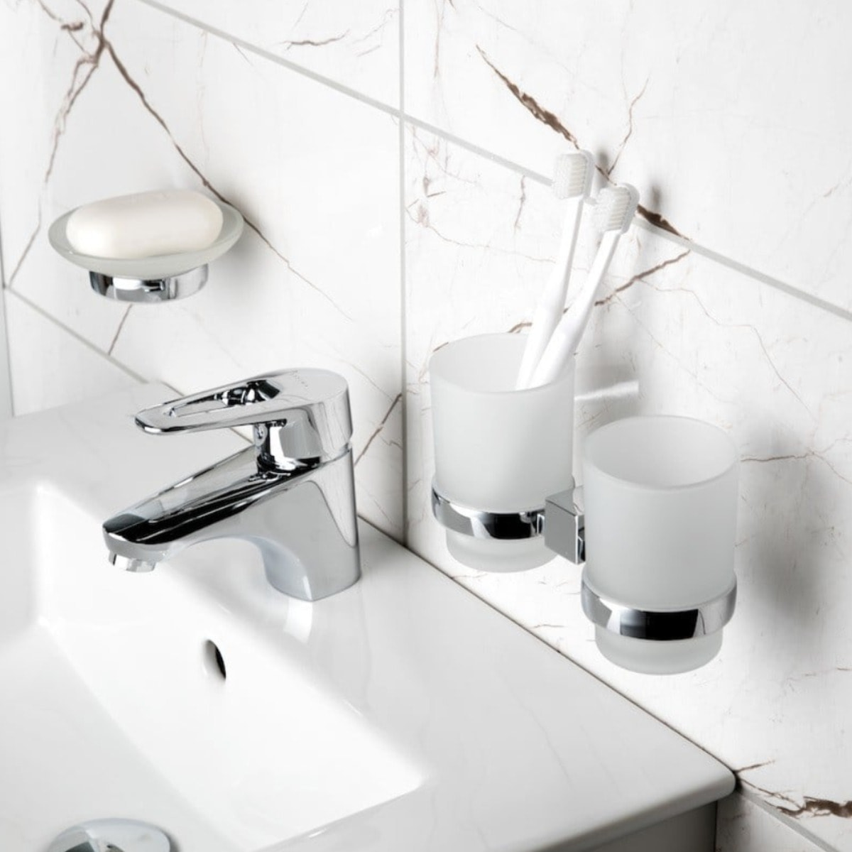 Multi set double pot à brosse à dent + distributeur de savon en verre dépoli, chrome (ELEMULTI-SET4)