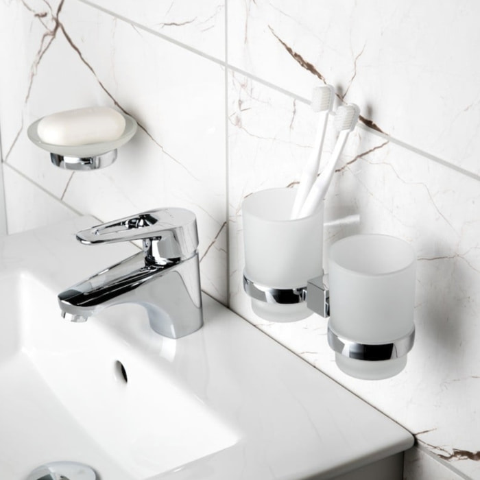 Multi set double pot à brosse à dent + distributeur de savon en verre dépoli, chrome (ELEMULTI-SET4)