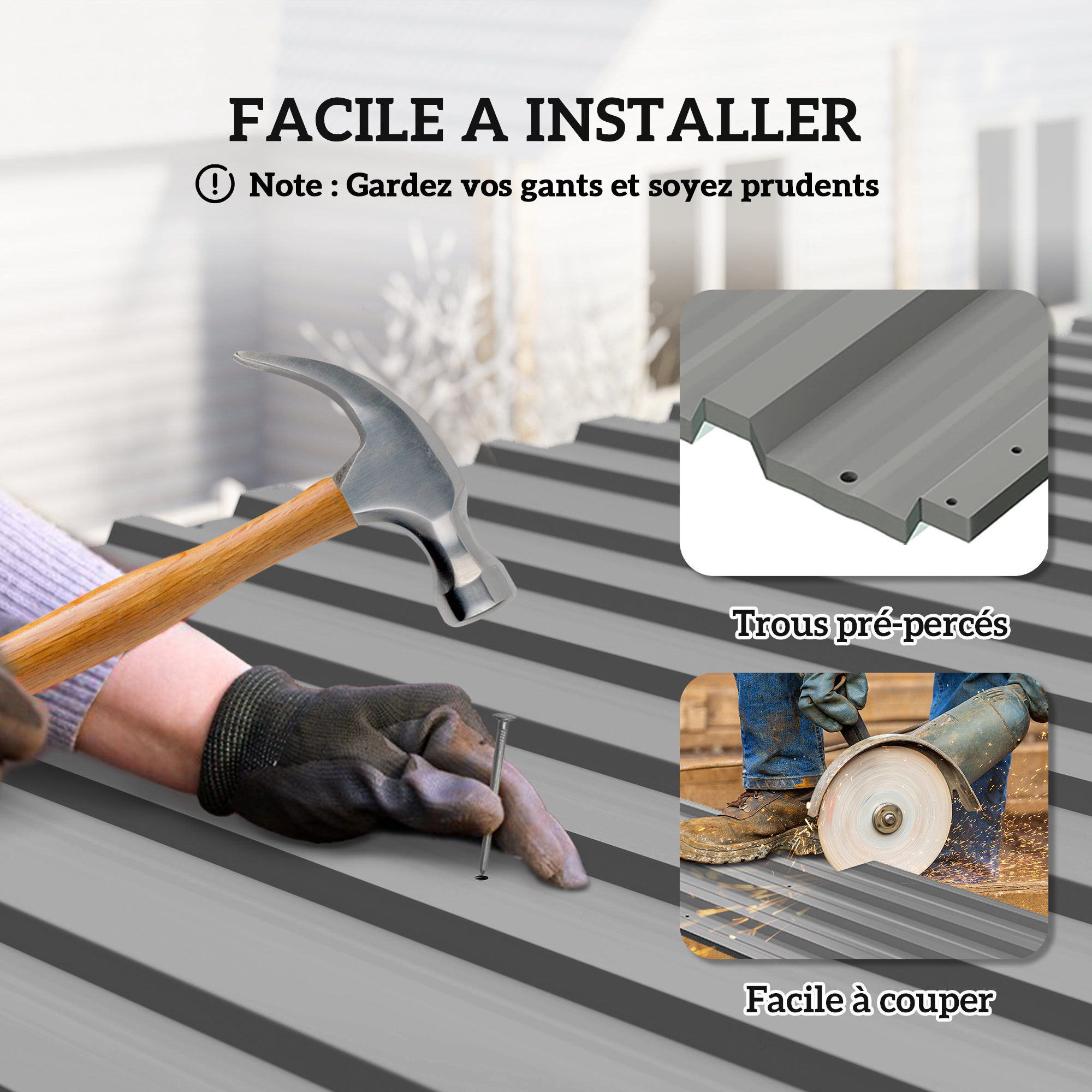 Lot de 12 panneaux - dim. 129L x 45l cm - tôle acier ondulé gris clair