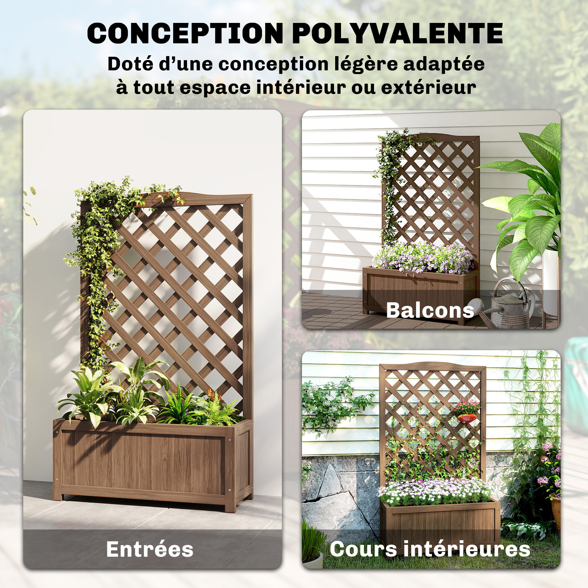 Jardinière avec treillis - bac à fleurs - jardinière sur pied - dim. 70L x 28l x 117H cm - fond à lattes - bois verni
