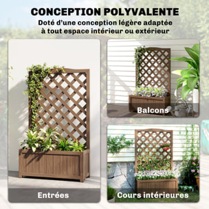 Jardinière avec treillis - bac à fleurs - jardinière sur pied - dim. 70L x 28l x 117H cm - fond à lattes - bois verni
