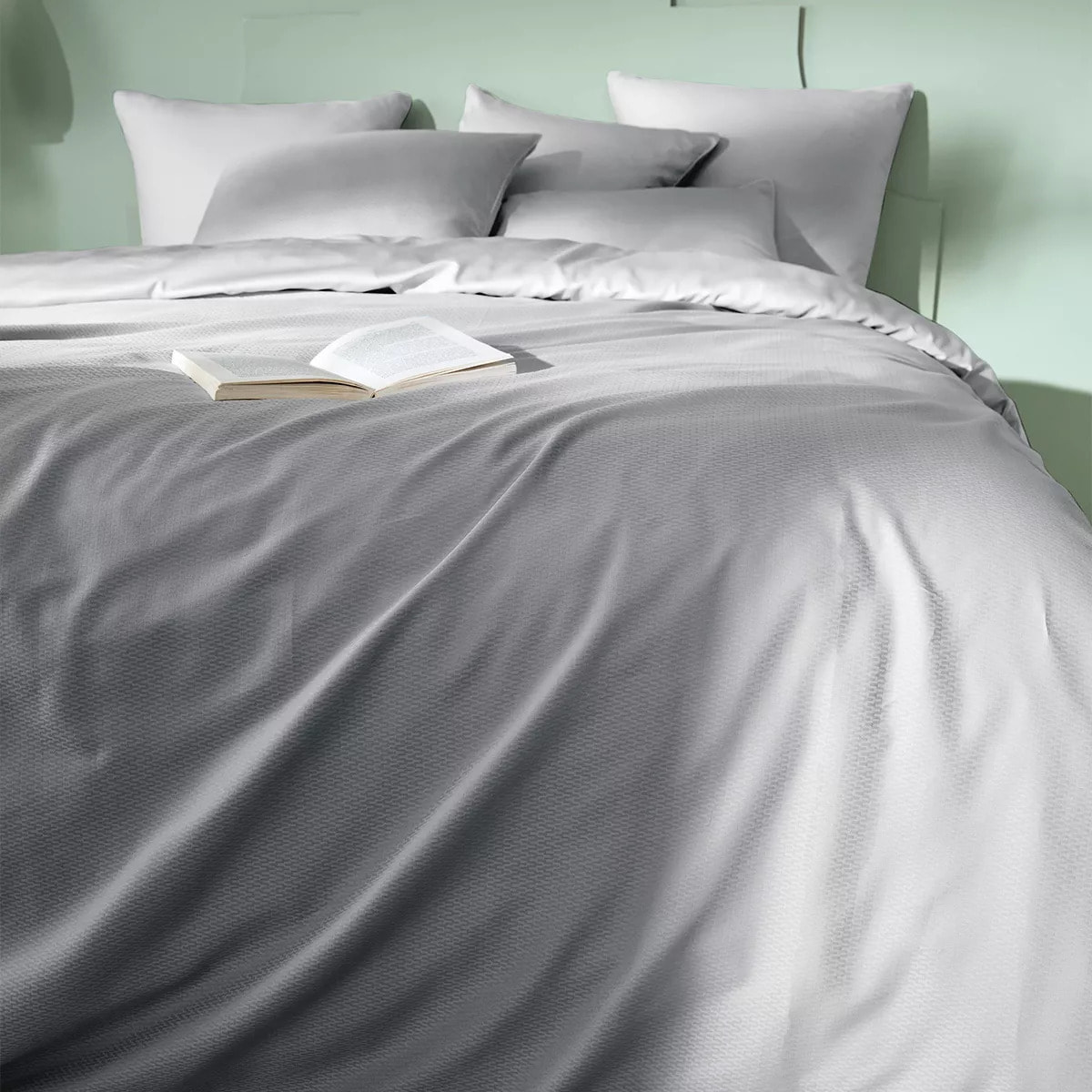 Housse de couette satin de coton motif jacquard gris Vibrato glacier