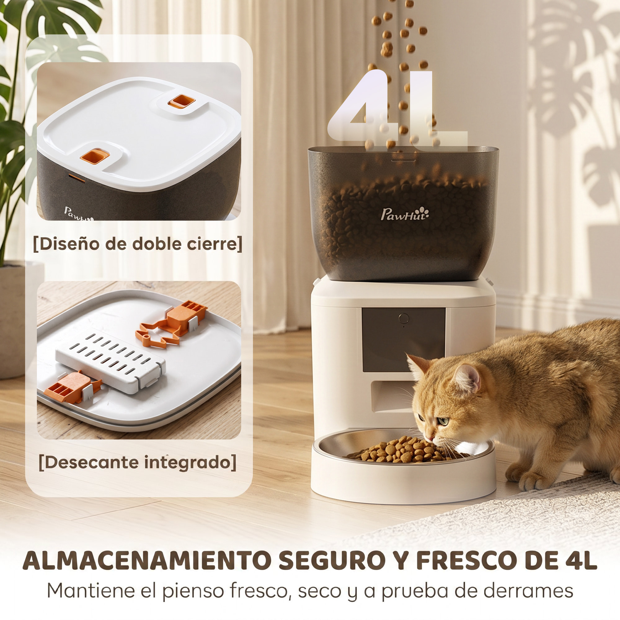 Comedero Automático 4L WiFi 2.4G, Dispensador de Comida para Gatos Perros con Control App, 2 Cuencos, 1-10 Comidas al Día, Grabadora Voz 10s, Antiatascos, 2 Fuentes Alimentación, Fácil Limpiar