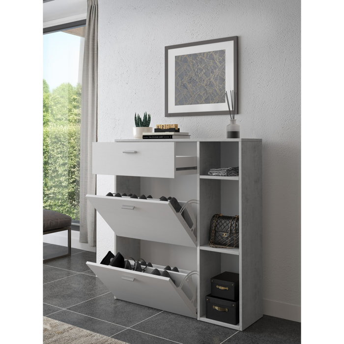 Scarpiera Mobile Portascarpe Salvaspazio Ingresso Con 2 Ribalte Doppia Profondità 1 Cassetto 3 Vani A Giorno 90x101.5x26 Cm Bianco Grigio Cemento