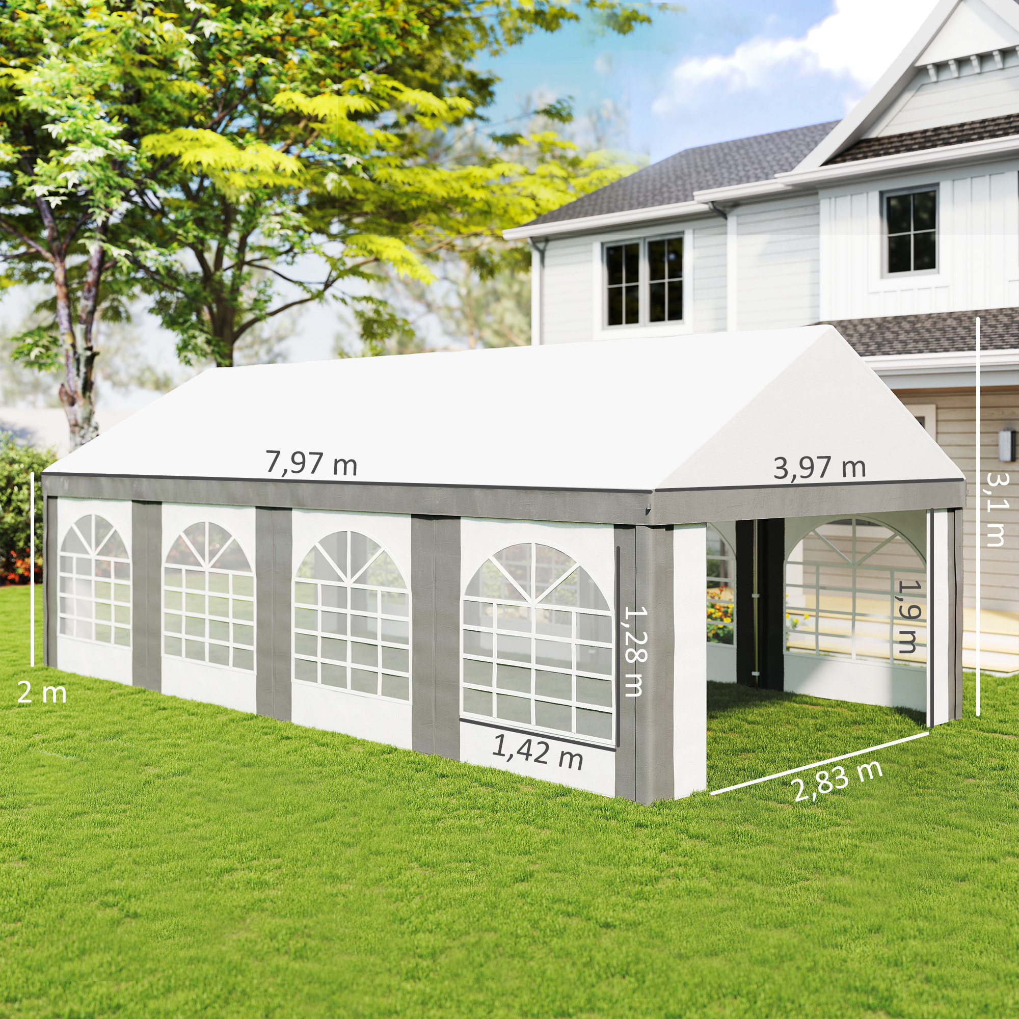Carpa para Fiesta 4x8 m, Carpa de Jardín con Paredes Laterales Extraíbles, Puertas y Ventanas, Impermeable, Anti-UV, Cenador Gazabo para Boda, Camping, Eventos, Exterior, Gris y Blanco