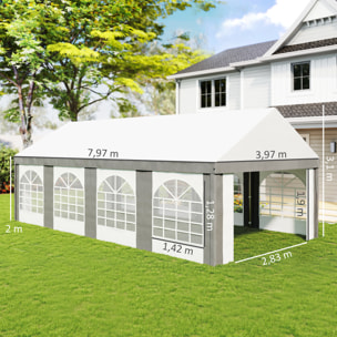 Carpa para Fiesta 4x8 m, Carpa de Jardín con Paredes Laterales Extraíbles, Puertas y Ventanas, Impermeable, Anti-UV, Cenador Gazabo para Boda, Camping, Eventos, Exterior, Gris y Blanco