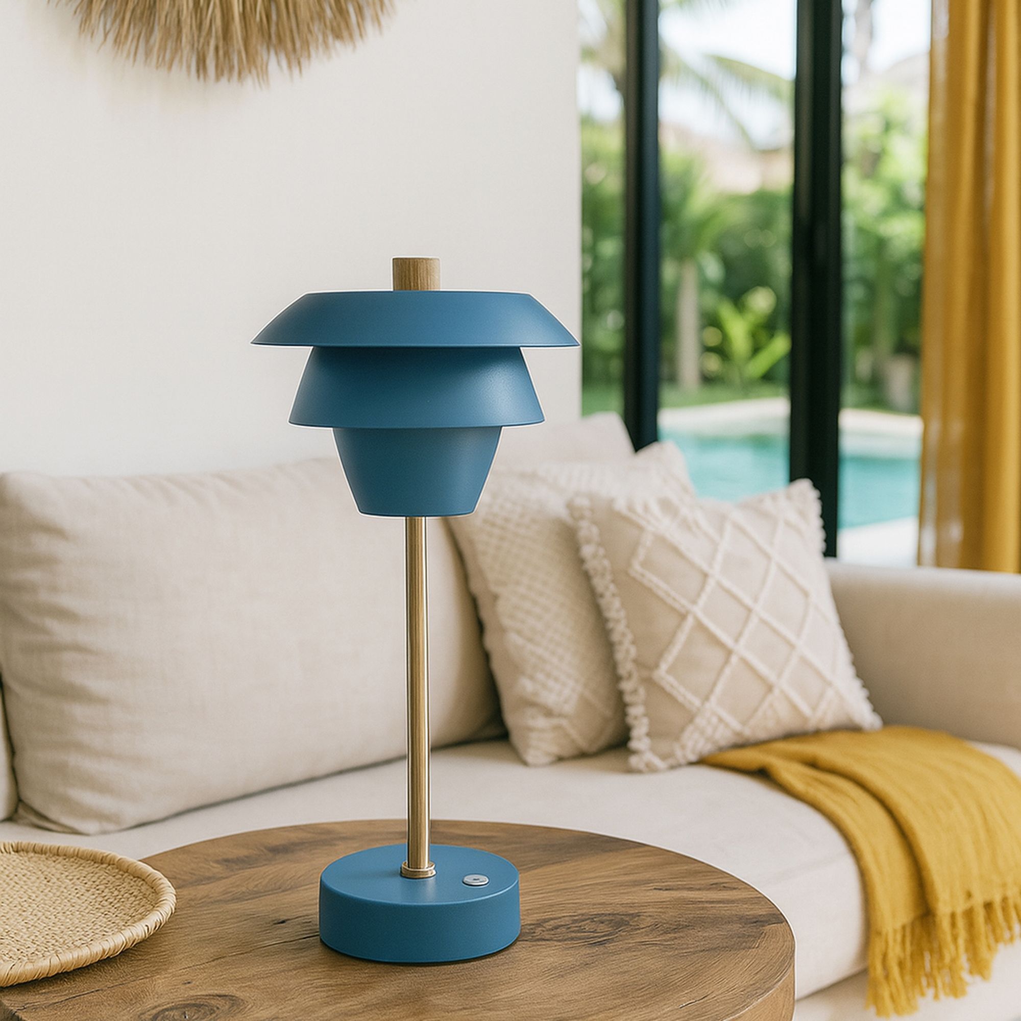 Lampe à poser rechargeable en métal bleu et doré MOXY