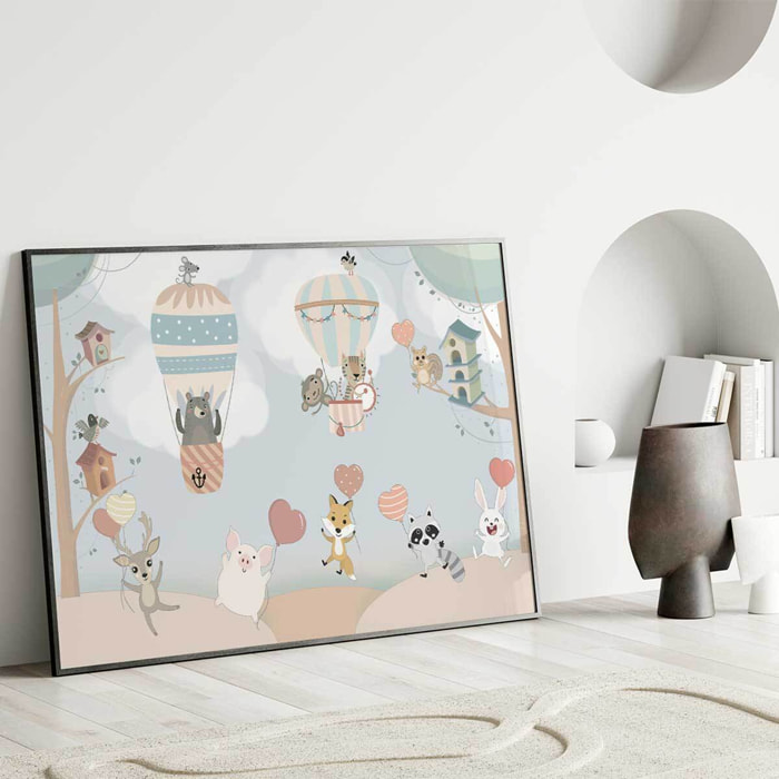 Affiche encadrée animaux et montgolfières enfant Affiche + cadre en métal - Noir