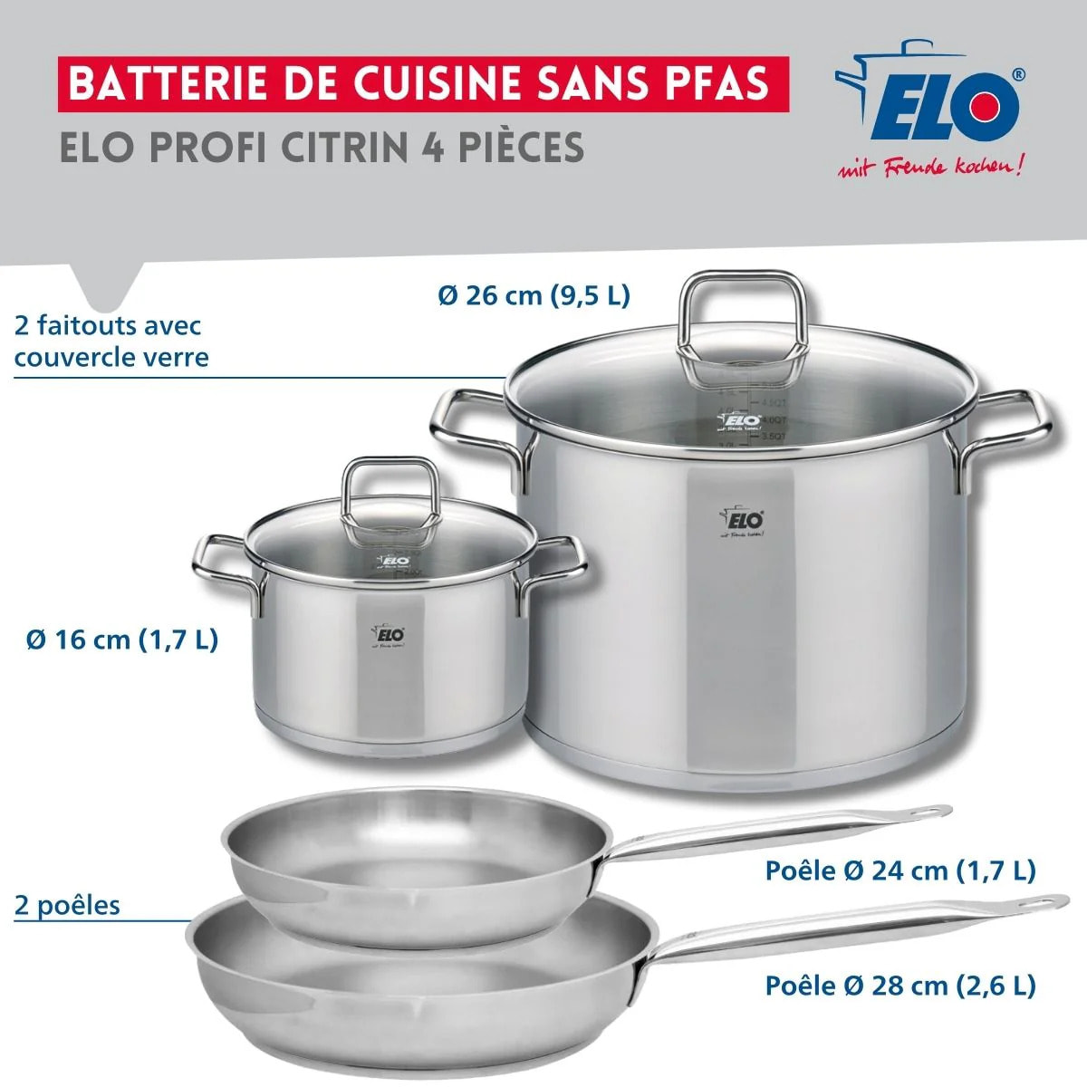 Set de 2 Poêles de cuisson 24 et 28 cm et 2 faitouts 16 et 26 cm Elo Profi Citrin